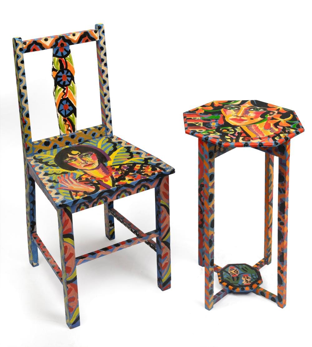 greg irvine born 1947 painted chair and side table with figurative decoration · Gibson's · 2026-06-15 Greg Irvine comparable auction result: greg irvine born 1947 painted chair and side table with figurative decoration