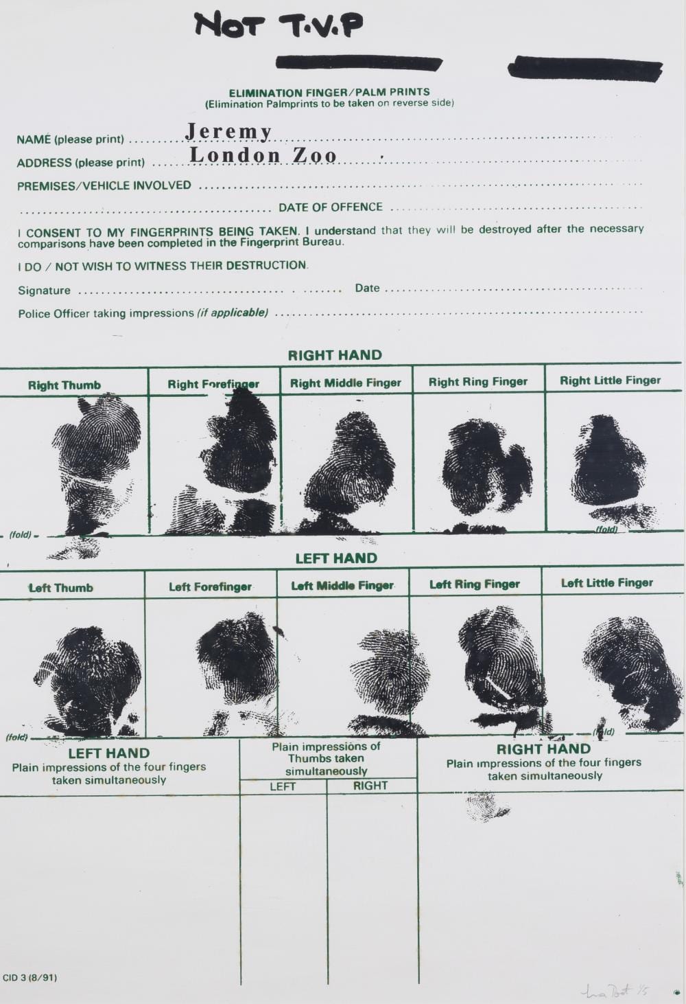 Lisa Roet comparable auction result: lisa roet born 1967 elimination finger palm print jeremy london zoo