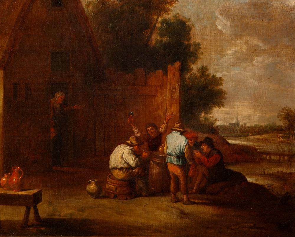 School of DAVID TENIERS II (Antwerp, 1610 - Brussels, 1690). "Villagers in the tavern". Oil on canvas. Relined. Presents frame of the second half of the nineteenth century. sold by Setdart Auction House, lot 27 — auction record photograph