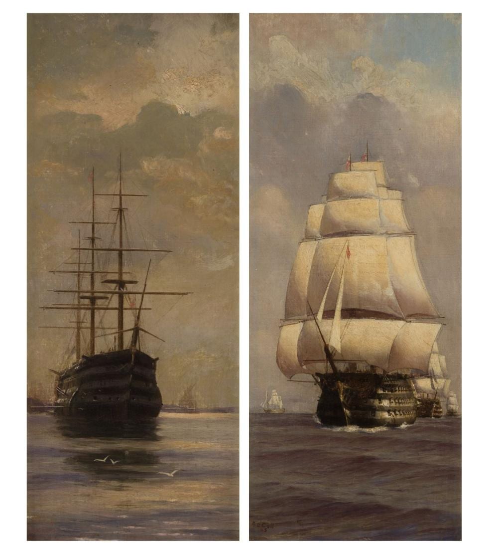 Alma Claude Burlton Cull comparable auction result: alma claude burlton cull english 1880 1931 victory leading her column at the battle of trafalgar victory becalmed at anchor