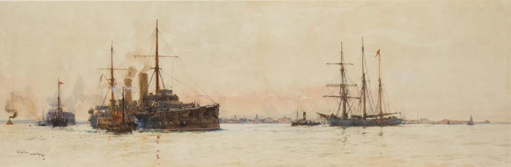 Charles Edward Dixon comparable auction result: charles edward dixon british 1872 1934 a cruiser with paddle tug at dusk off southsea