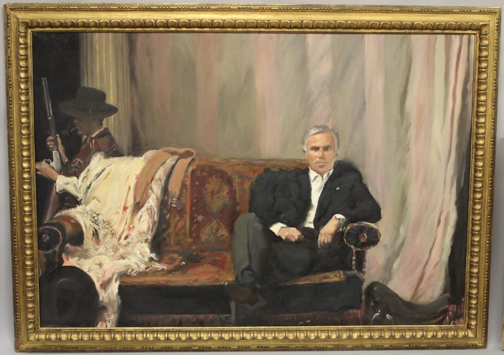Howard Morgan comparable auction result: howard morgan 1949 2020 portrait of anthony embirocos seated with a gaucho behind oil on canvas signed a