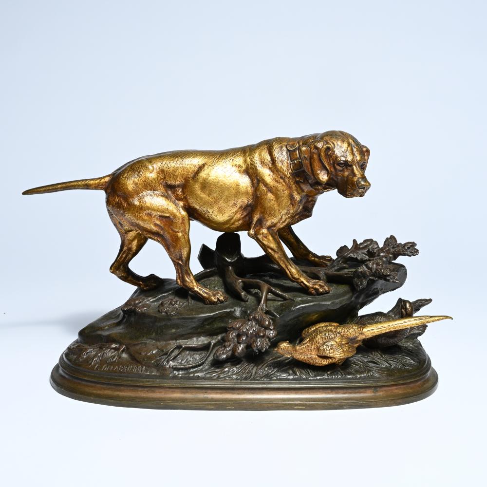 Paul Edouard Delabrierre comparable auction result: edouard paul delabrierre 1829 1912 partially gilded 19th century bronze hunting dog with pheasant signed