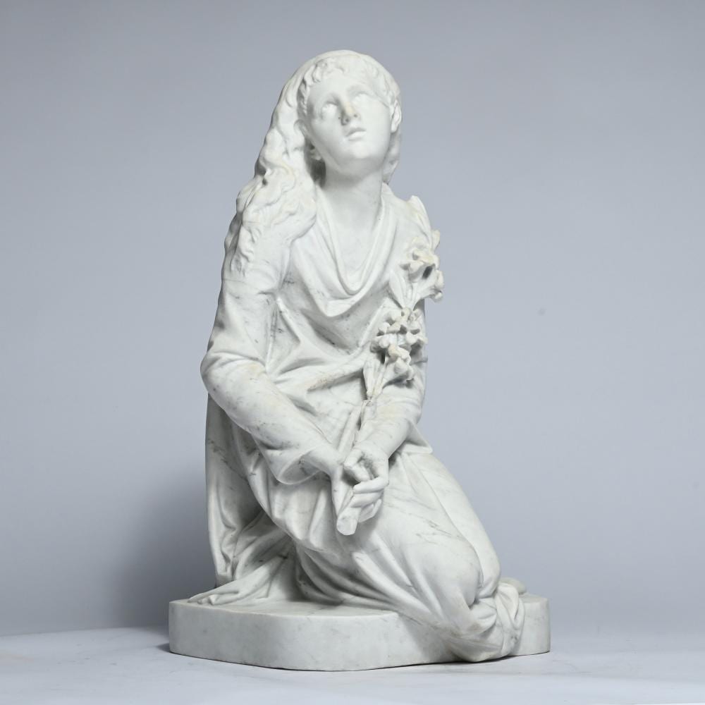 Albert-Ernest Carrier-Belleuse comparable auction result: sculpture in white carrara marble representing a young woman kneeling and holding a branch of lily after albert ernest carrier belleuse