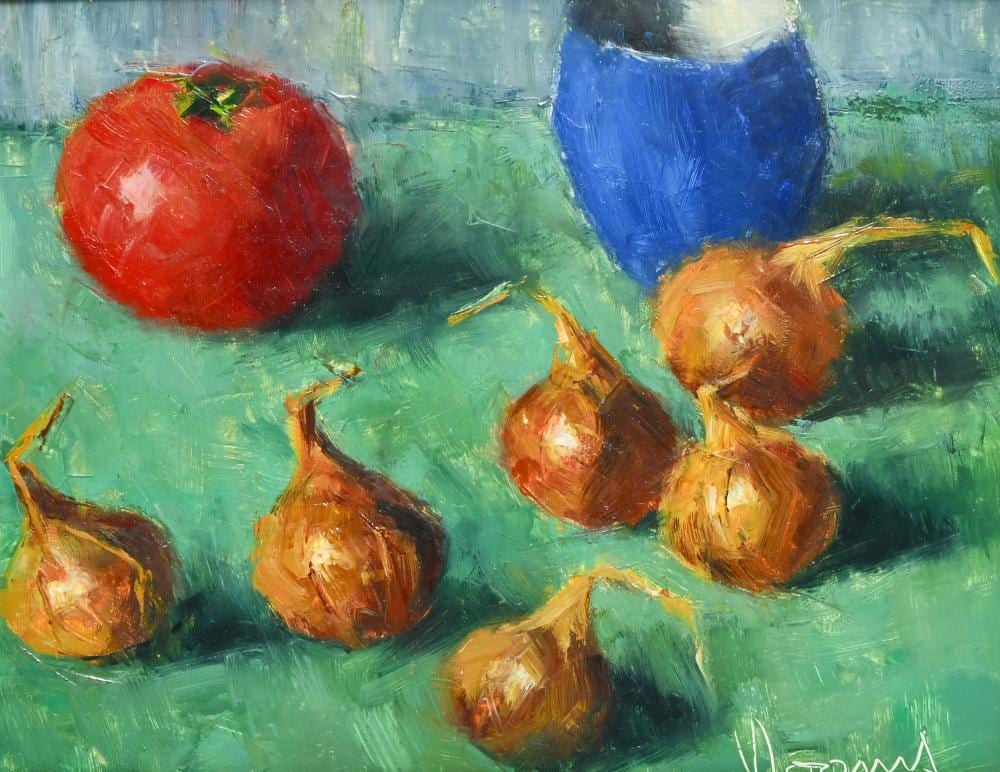 Vic Dooms comparable auction result: vic dooms 1912 1994 oil on board still life with onions and a tomato signed