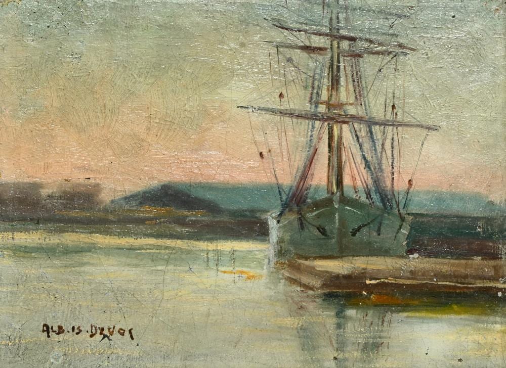 Albert Devos comparable auction result: albert isidore devos 1868 1950 oil on canvas three masted ship at the quay signed