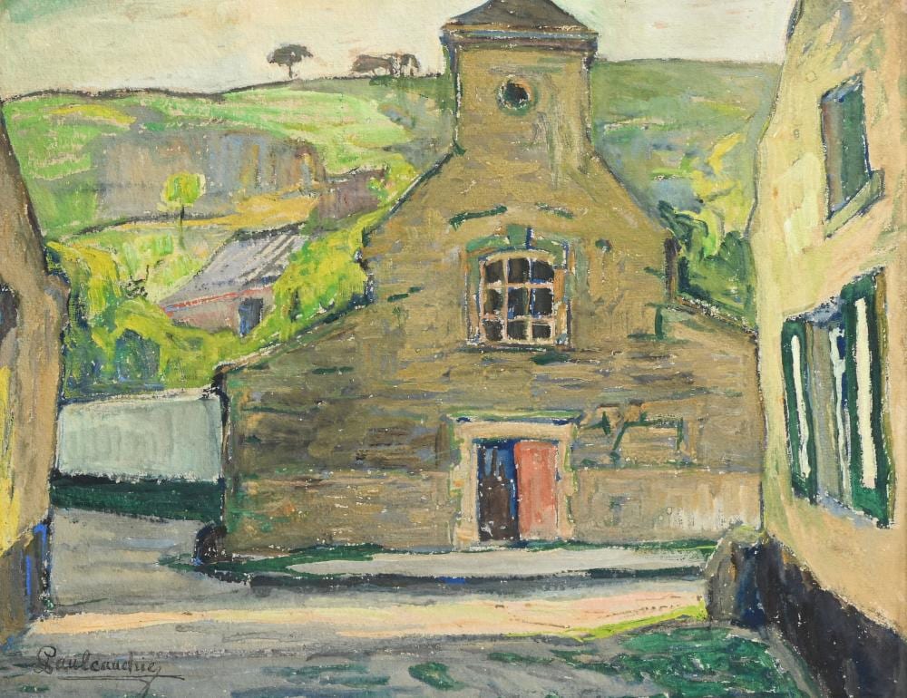 paul cauchie 1875 1952 oil on board landscape with small church signed · Maison Jules Veilinghuis · 2026-06-20 Paul Cauchie comparable auction result: paul cauchie 1875 1952 oil on board landscape with small church signed