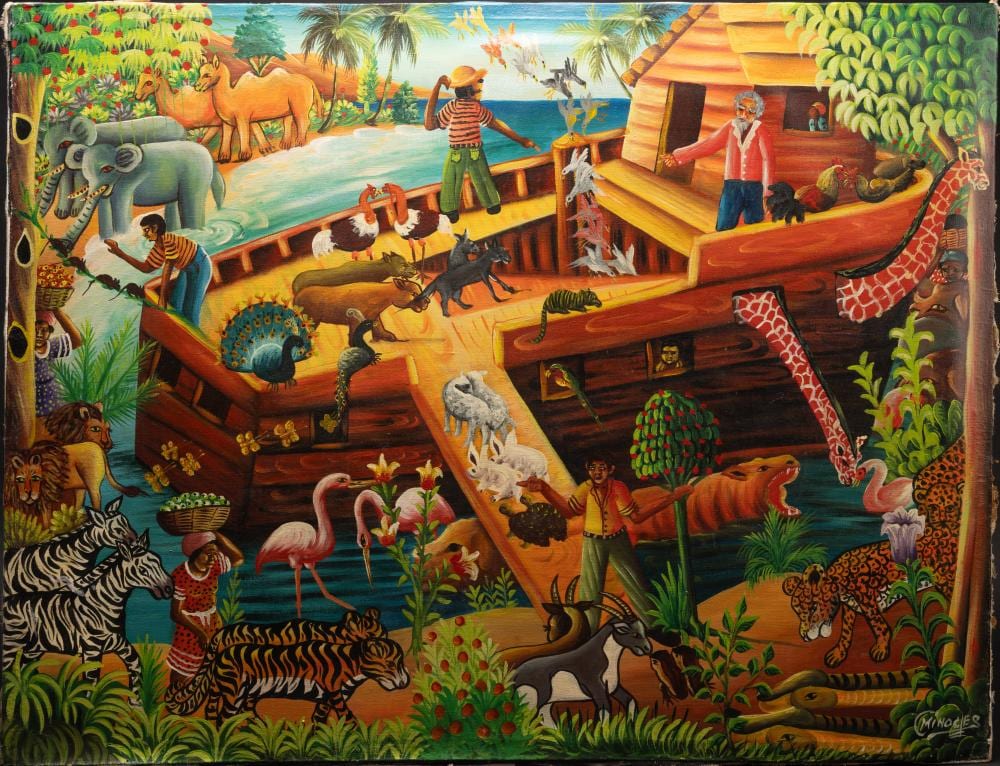 Andre Normil comparable auction result: andre normil 1934 2014 noah ark haitian folk art oil painting