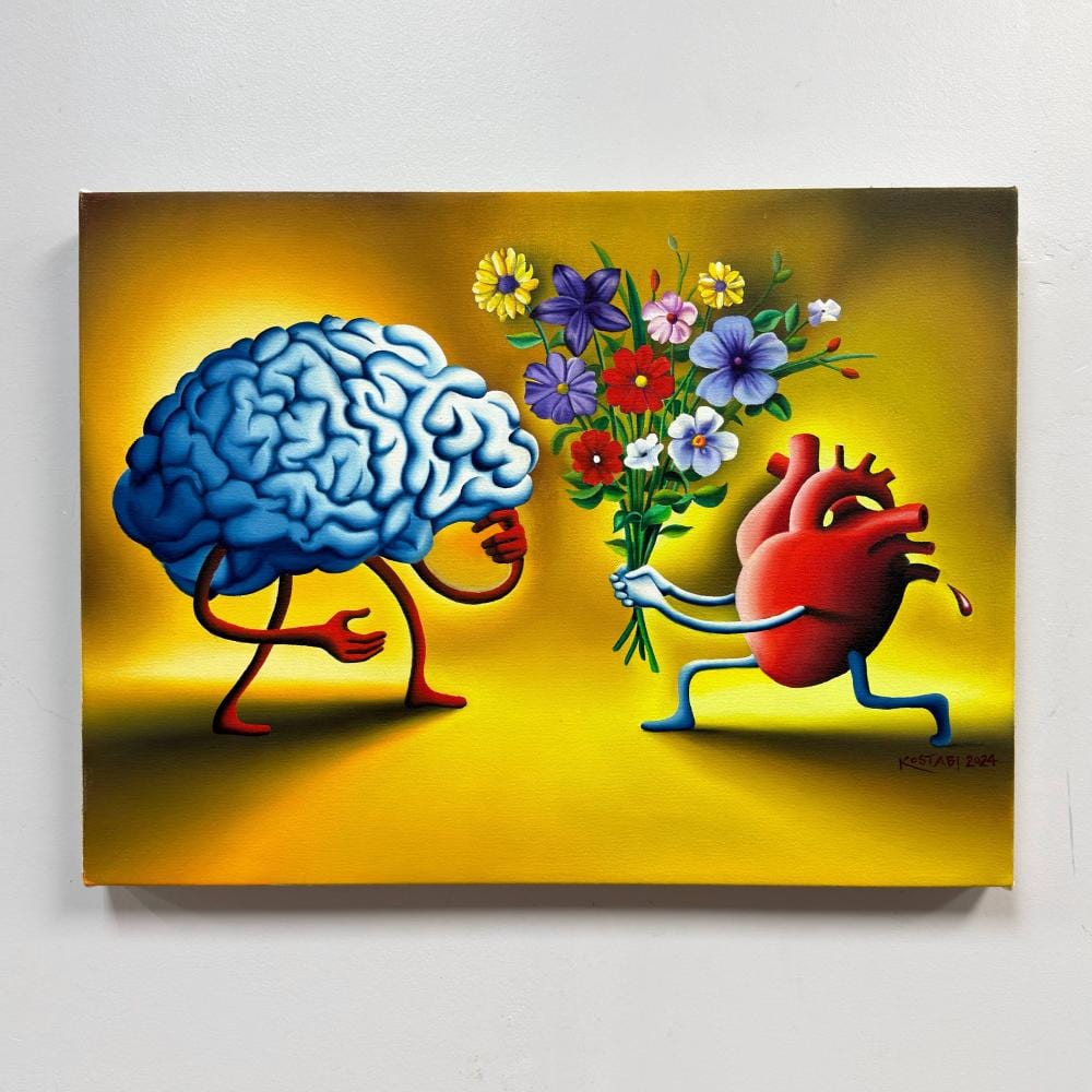 Mark Kostabi comparable auction result: mark kostabi american b 1960 emotional intelligence 2024 original oil on canvas
