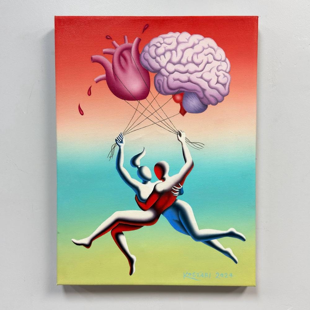 Mark Kostabi comparable auction result: mark kostabi american b 1960 sacred balance 2024 oil on canvas