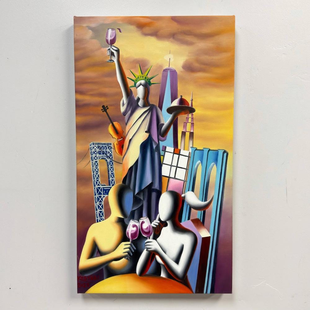 Mark Kostabi comparable auction result: mark kostabi american b 1960 manhattan twilight dream 2023 oil on canvas
