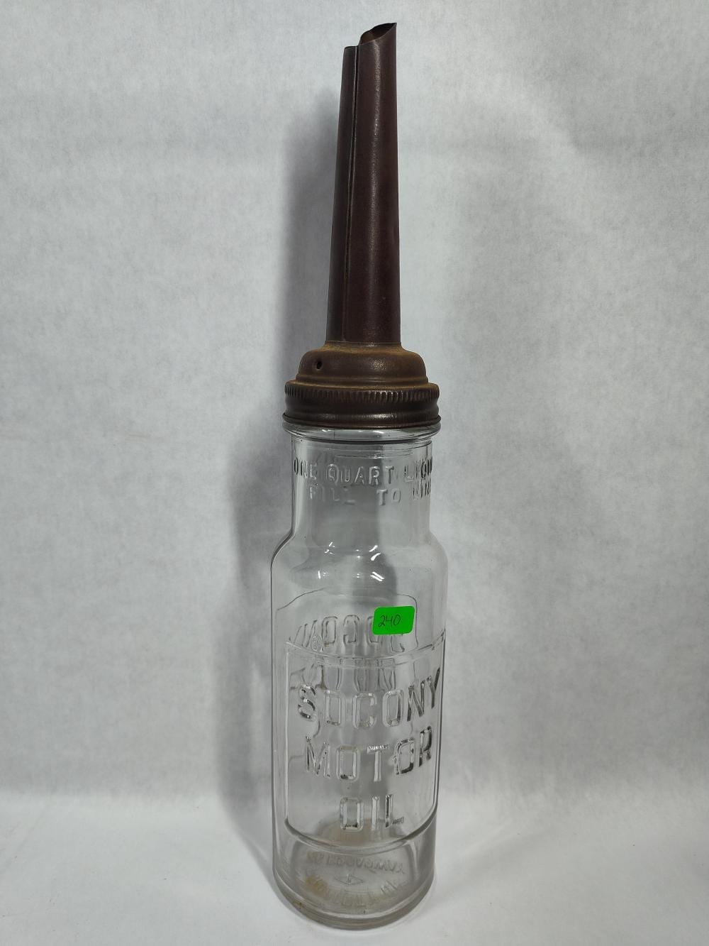 Socony Glass Motor Oil Bottle, Metal Spout, c.1930 sold by Atlee Raber Auctioneer, lot 240 — auction record photograph