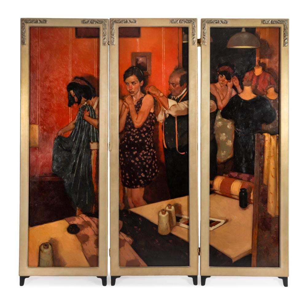 joseph lorusso american b 1966 getting fitted three panel screen · Freeman’s · 2026-06-17 Joseph Lorusso comparable auction result: joseph lorusso american b 1966 getting fitted three panel screen