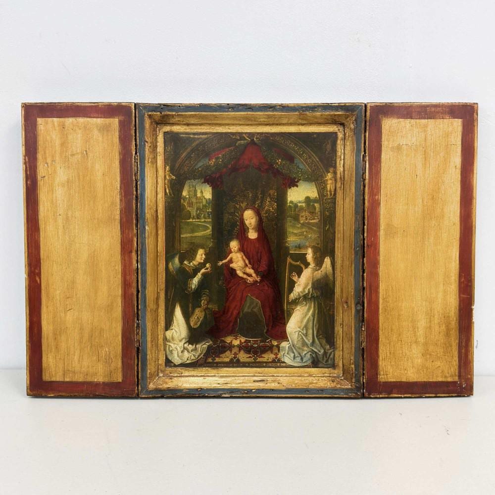 Hans Memling comparable auction result: a triptych print on wood panel after hans memling