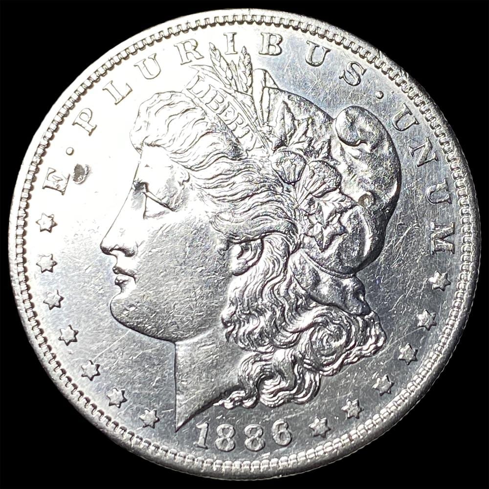 Close-up of a silver coin showing a right-facing woman profile with stars around the rim and the date 1886 at the bottom.