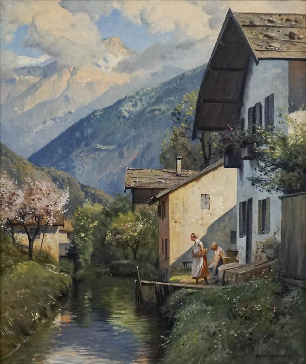Niels Walseth comparable auction result: niels walseth danish 1914 2001 figures in a mountainside village oil on canvas frame 32 3 4 x 28 1 2 in 83 2 x 72 4 cm