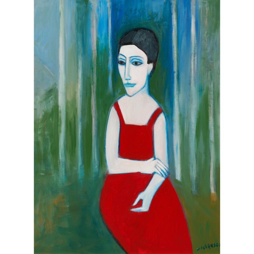 robert dickerson born 1924 red dress south coast synthetic polymer paint on canvas 83 5 x 62cm · Leonard Joel · 2026-06-30 Robert Dickerson comparable auction result: robert dickerson born 1924 red dress south coast synthetic polymer paint on canvas 83 5 x 62cm