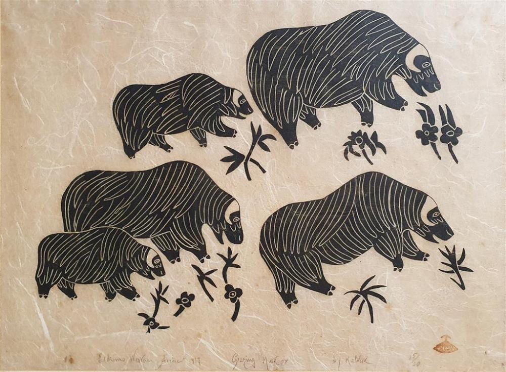 helen kalvak inuit 1901 84 grazing musk ox 1967 stone cut print 25 40 inscribed lower margin 9 eskimo western arctic t · Raffan Kelaher & Thomas · 2026-06-16 Helen Kalvak comparable auction result: helen kalvak inuit 1901 84 grazing musk ox 1967 stone cut print 25 40 inscribed lower margin 9 eskimo western arctic t