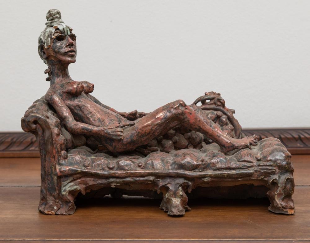 greg irvine painted terracotta sculpture of a reclining nude on a chaise longue signed irvine to verso chips apparent height 26cm x width 32cm x depth 13cm · Lawsons · 2026-06-21 Greg Irvine comparable auction result: greg irvine painted terracotta sculpture of a reclining nude on a chaise longue signed irvine to verso chips apparent height 26cm x width 32cm x depth 13cm