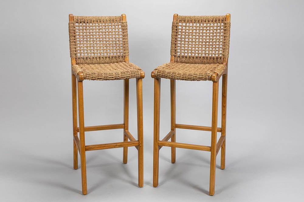 Olivier De Schrijver comparable auction result: pair of olivier de schrijver signed ode s kivu bar stools in teak and wild straw