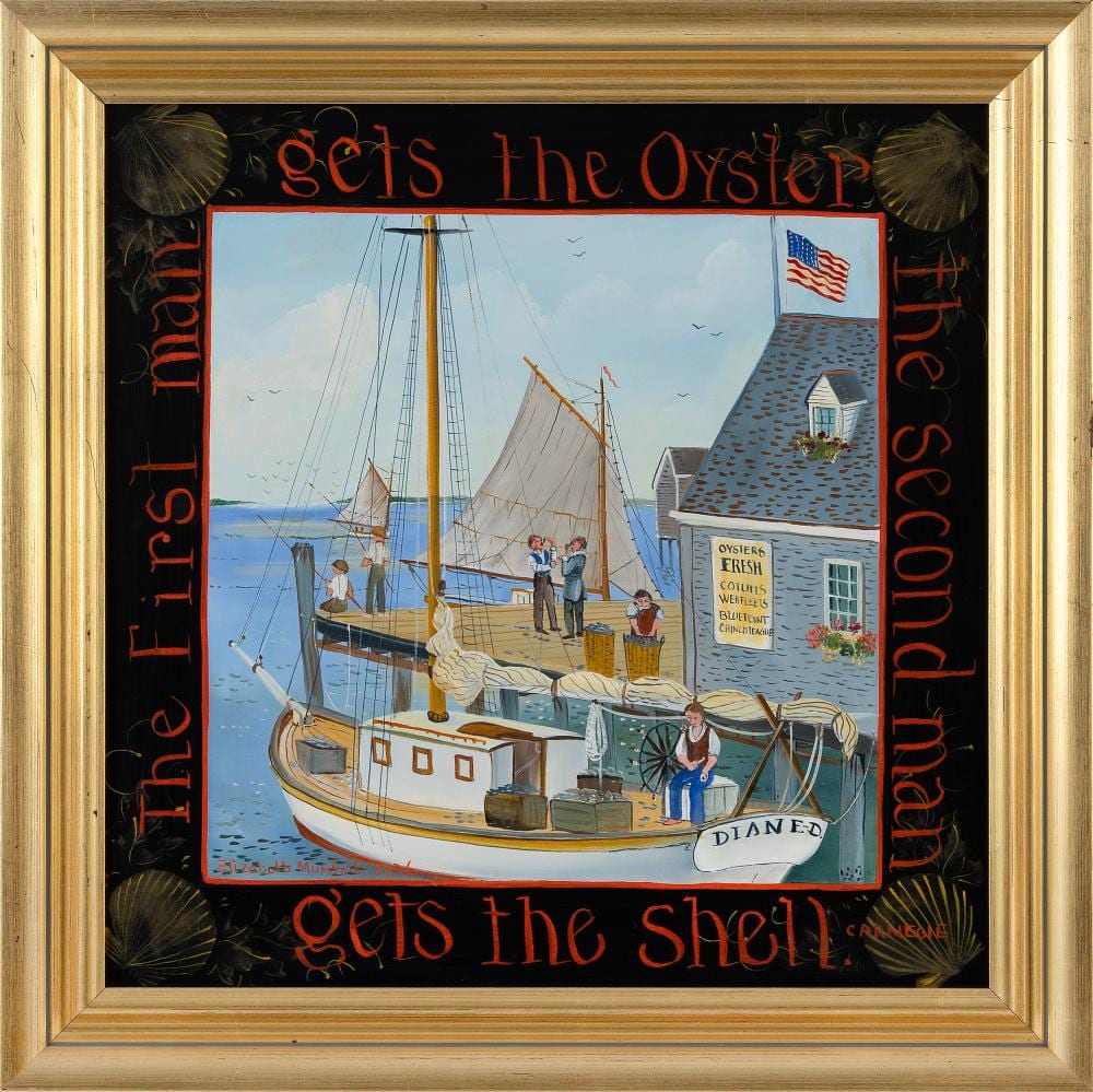 Elizabeth Mumford comparable auction result: elizabeth mumford massachusetts 1950 2020 the first man gets the oyster the second man gets the shell oil on panel 14 5 x 14 5 framed 17 25 x 17 25