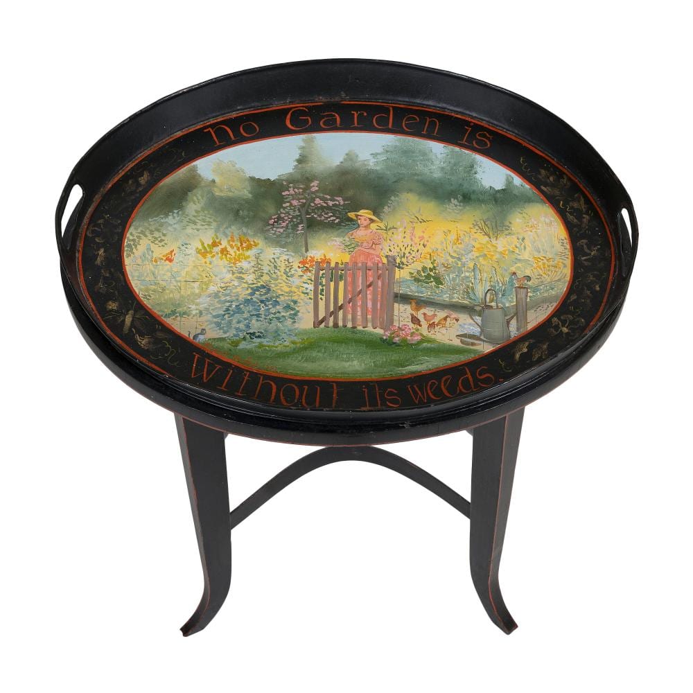 Elizabeth Mumford comparable auction result: elizabeth mumford massachusetts 1950 2020 painted metal tray no garden is without its weeds 14 25 x 18