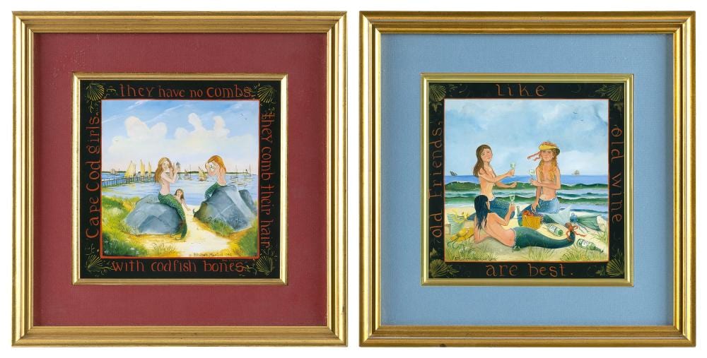 Elizabeth Mumford comparable auction result: elizabeth mumford massachusetts 1950 2020 two mermaid scenes color photolithographs 8 x 8 sight framed 13 x 13