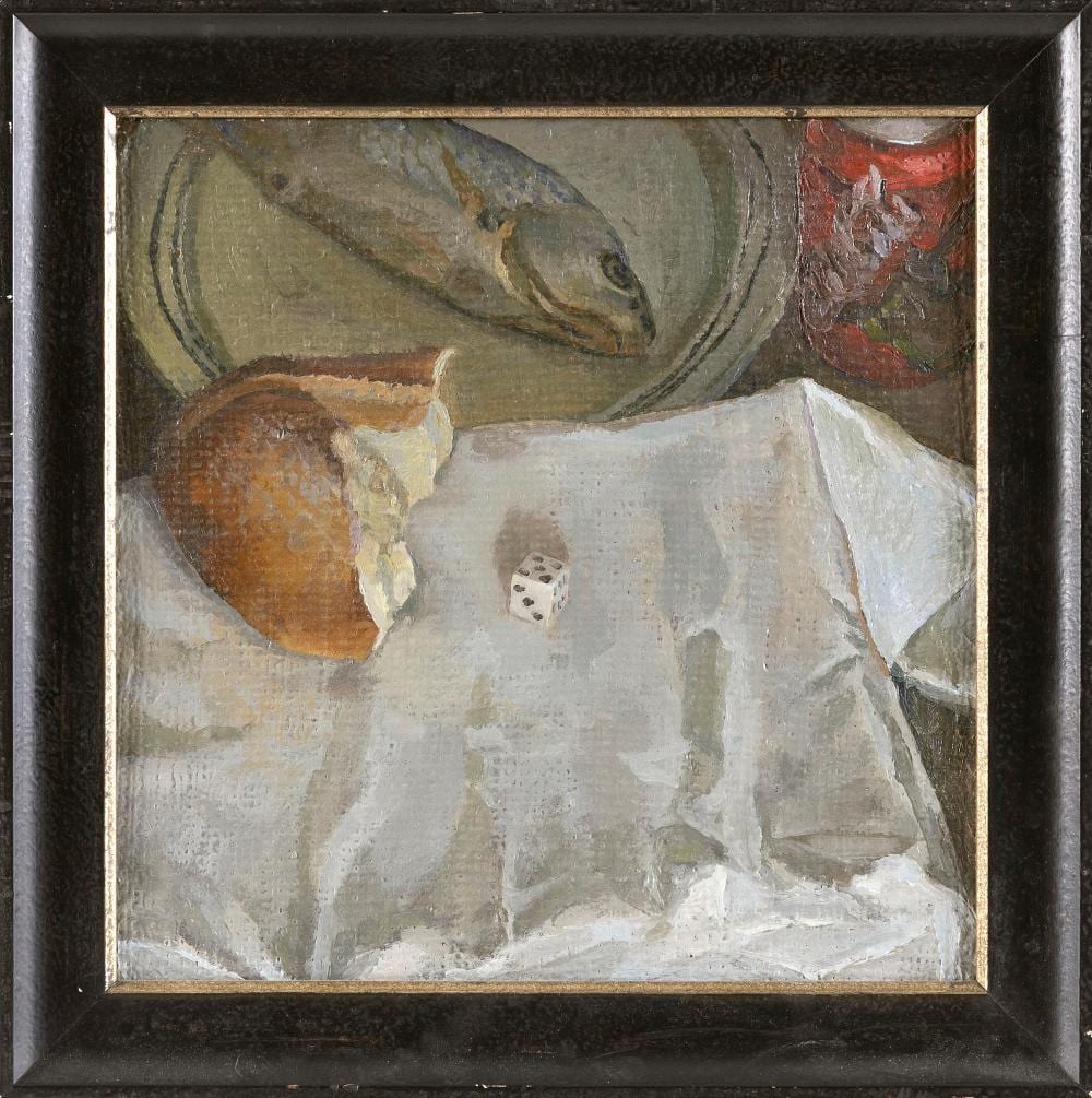 Michael Costello comparable auction result: michael costello massachusetts contemporary still life of fish a doughnut and a die oil on burlap laid on plywood 12 x 12 framed 15 x 15