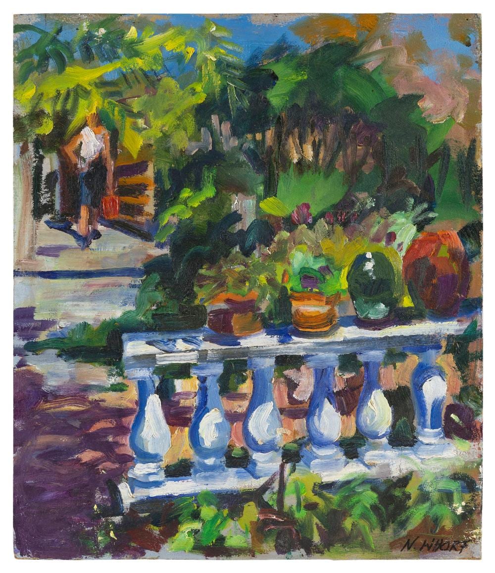 nancy whorf massachusetts florida 1930 2009 garden terrace with figure oil on masonite 16 x 14 unframed · Eldred's · 2026-06-25 Nancy Whorf comparable auction result: nancy whorf massachusetts florida 1930 2009 garden terrace with figure oil on masonite 16 x 14 unframed