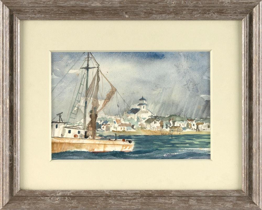 Frank Milby comparable auction result: frank milby massachusetts 1933 2023 provincetown harbor watercolor on paper 6 25 x 9 framed 12 x 15