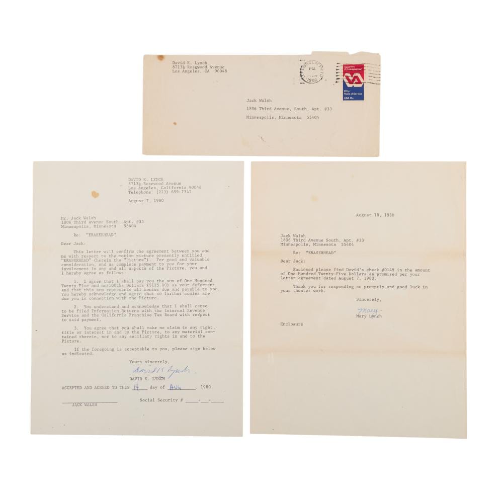 david lynch signed letter to jack walsh regarding eraserhead · Julien's Auctions · 2026-06-25 David Lynch comparable auction result: david lynch signed letter to jack walsh regarding eraserhead