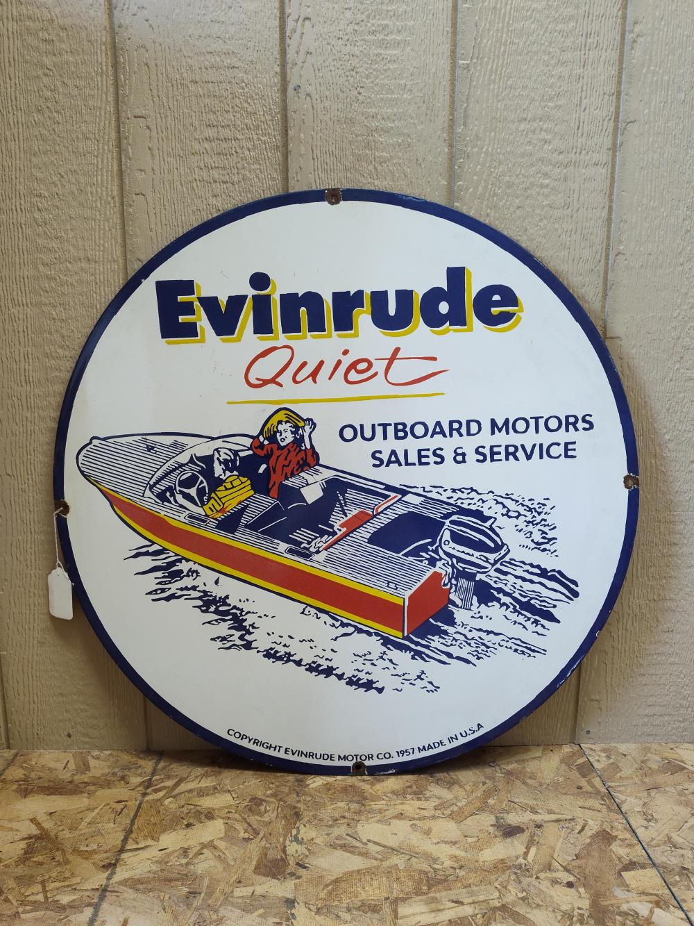 1957 Evinrude Outboard Motors Sales & Service Sign sold by Atlee Raber Auctioneer, lot 351 — auction record photograph