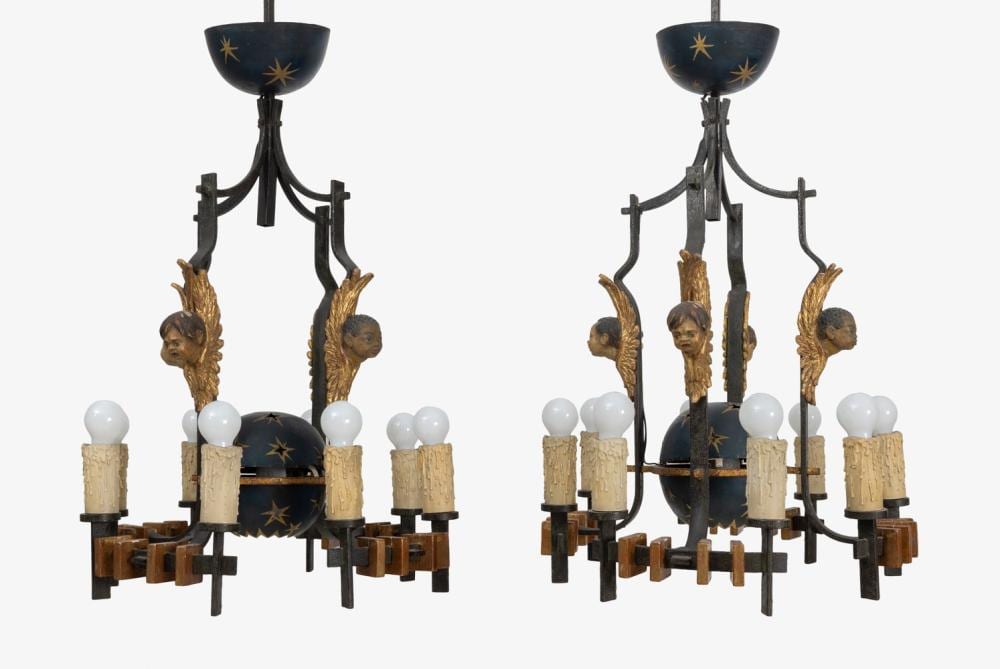 pere cosp barcelona 1907 2007 pair of ceiling lamps 40 50s iron wood polychrome and gilded elements · Setdart Auction House · 2026-06-25 Pere Cosp comparable auction result: pere cosp barcelona 1907 2007 pair of ceiling lamps 40 50s iron wood polychrome and gilded elements
