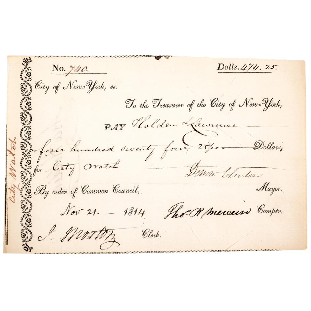 Dewitt Clinton comparable auction result: dewitt clinton 1769 1828 mayor of new york city signed november 21 1814 city of new york municipal warrant for the city watch force