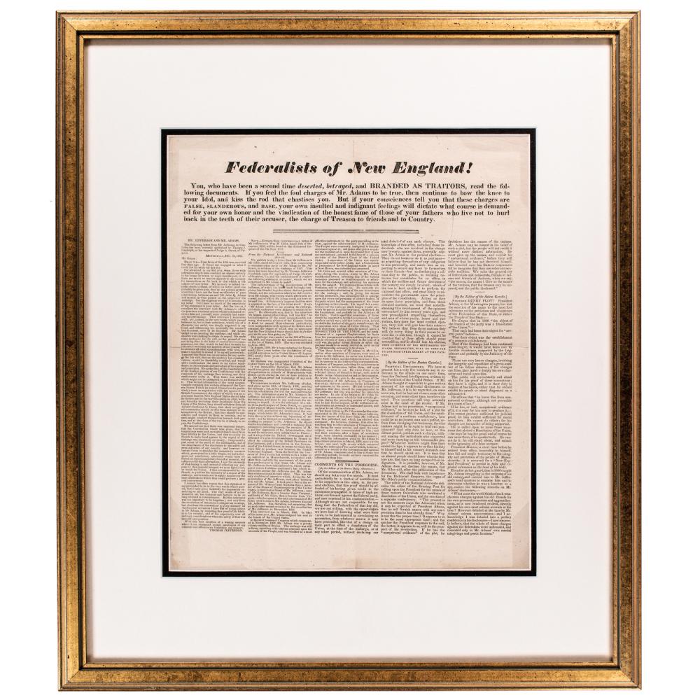 1823 Federalists of New England !, Important Political Printed Broadside, a significant historical document from the lead-up to the 1824 U.S. Presidential Election, serving as a scathing political attack on John Quincy Adams, Framed, Extremely Fine. sold by Early American History Auctions, lot 174 — auction record photograph
