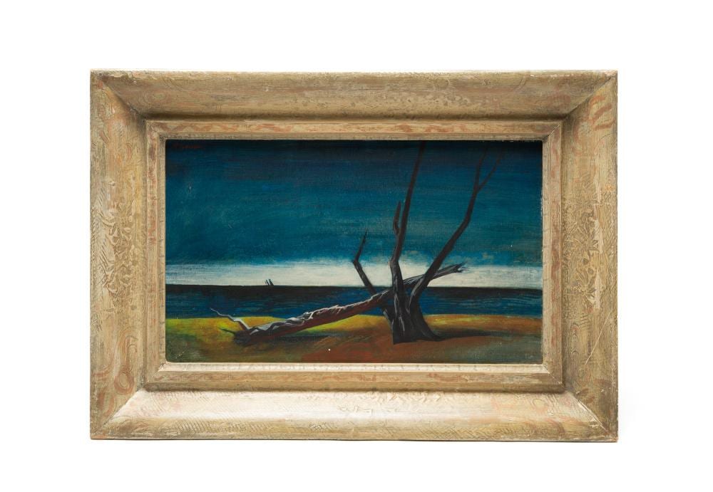 Reginald Leslie Grooms comparable auction result: reginald grooms american 1900 1989 oil on board of a barren coastal landscape