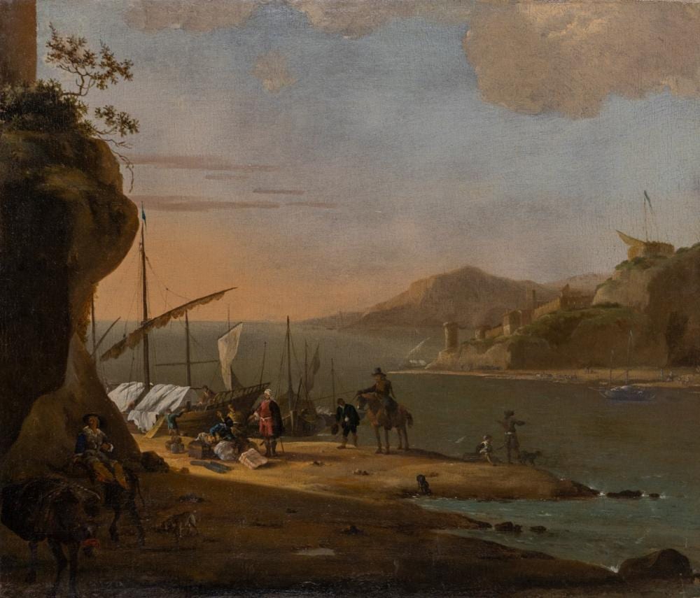 Jan Wyck comparable auction result: jan wyck 1645 1702 merchants on a coastal landscape