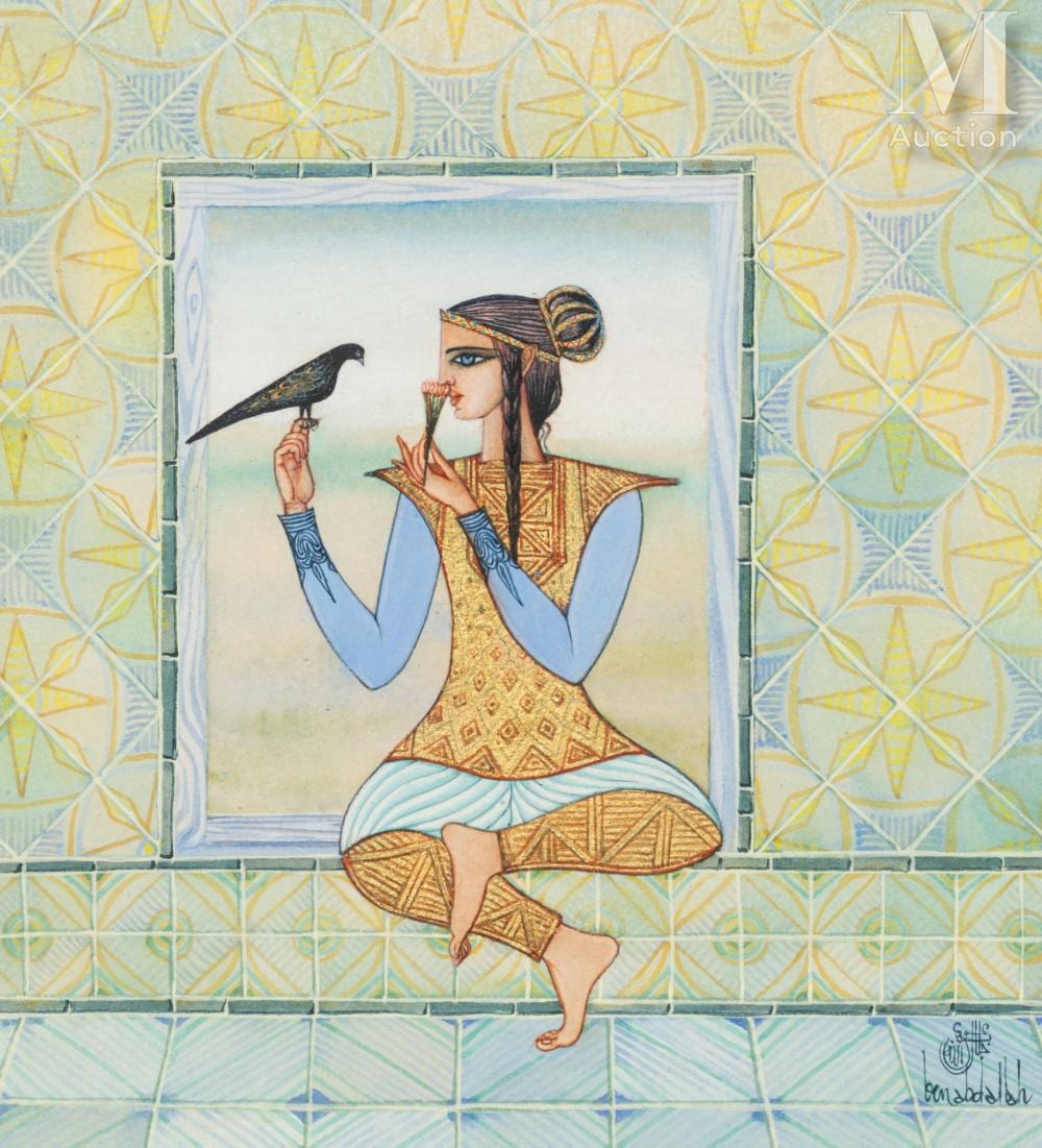 Jellal Ben Abdallah comparable auction result: jellal ben abdallah tunis 1921 2017 woman with bird and jasmine