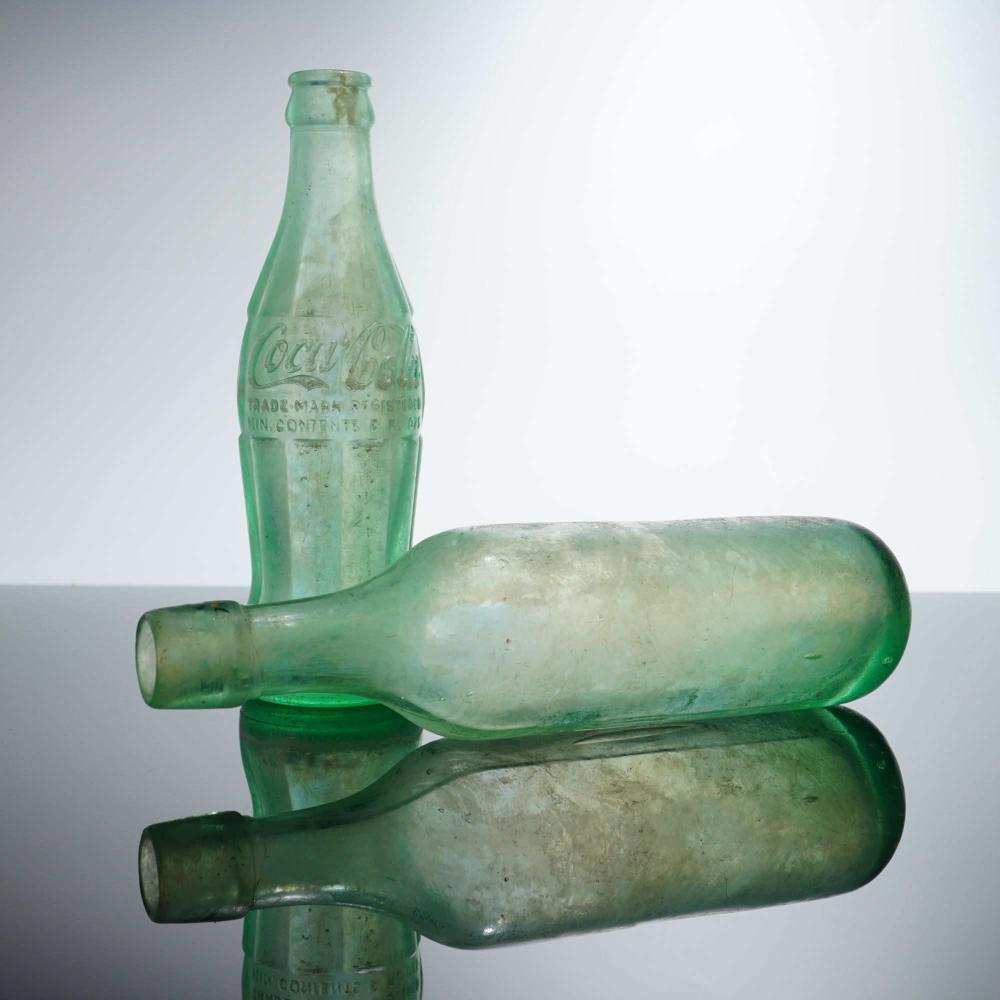 2pc Teal Glass Coca-Cola and Torpedo Bottles sold by Lion and Unicorn, lot 272 — auction record photograph