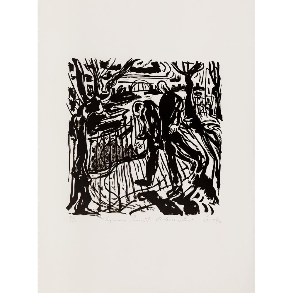 Kevin Connor comparable auction result: kevin connor 1932 2025 figures sunset victoria street 1990 linocut ed 2 30 39 x 38cm image 76 x 56cm sheet