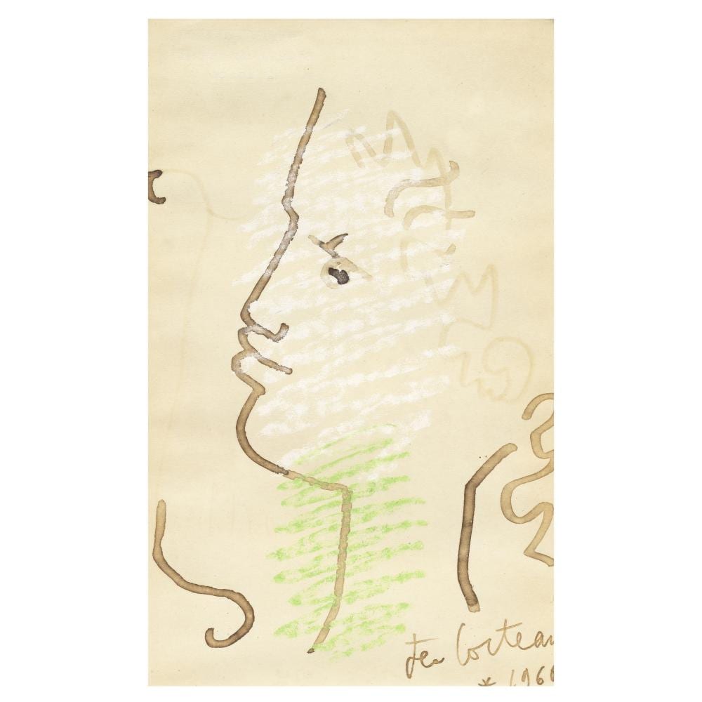 Jean Cocteau comparable auction result: jean cocteau french 1889 1963 head ink and crayon drawing 1960 on wove paper signed and dated in ink the full sheet framedsheet 209 x 134mm 8 1 4 x 5 1 4in