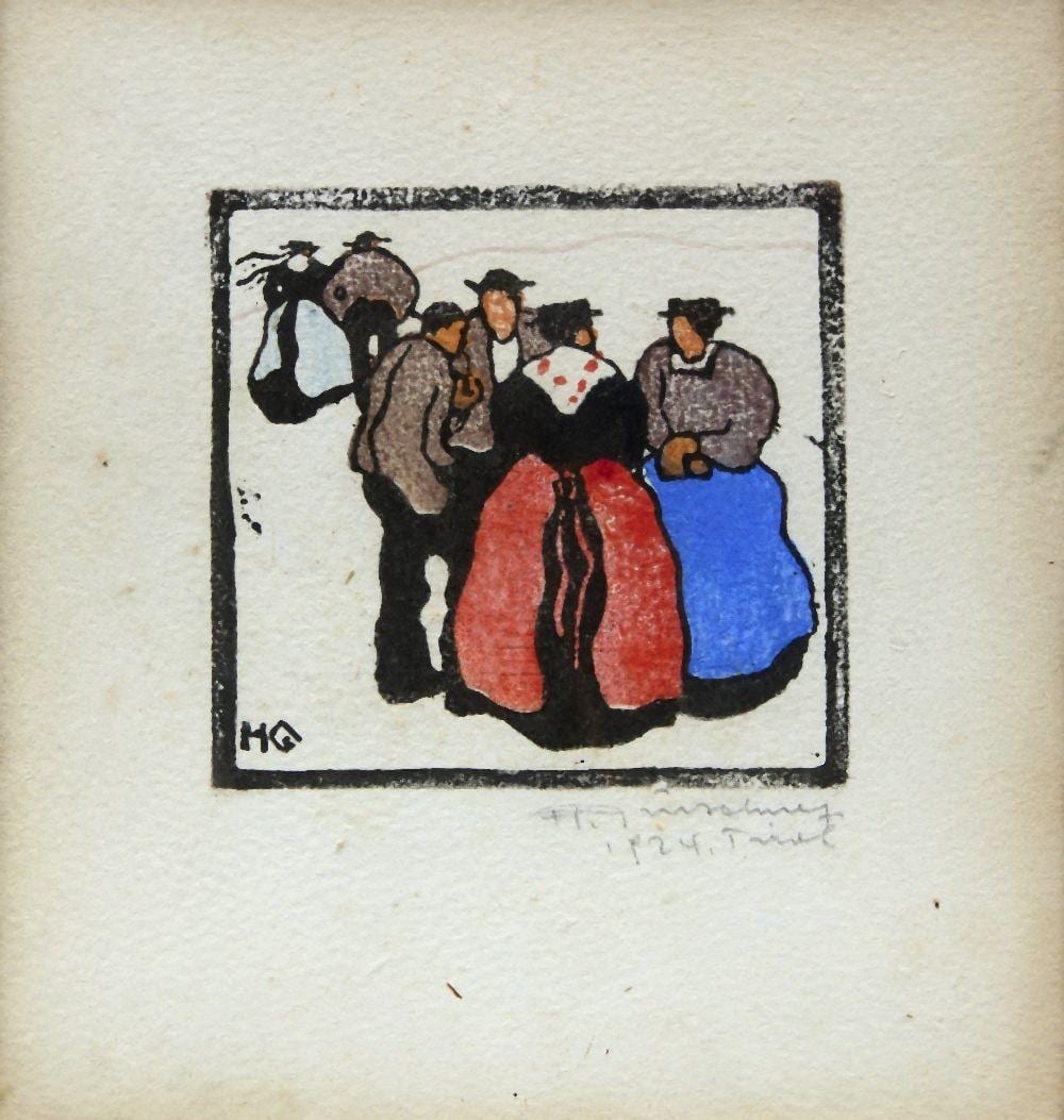 herbert gurschner austrian 1901 1975 village gossip woodblock print in colours signed · Roseberys · 2026-07-01 Herbert Gurschner comparable auction result: herbert gurschner austrian 1901 1975 village gossip woodblock print in colours signed