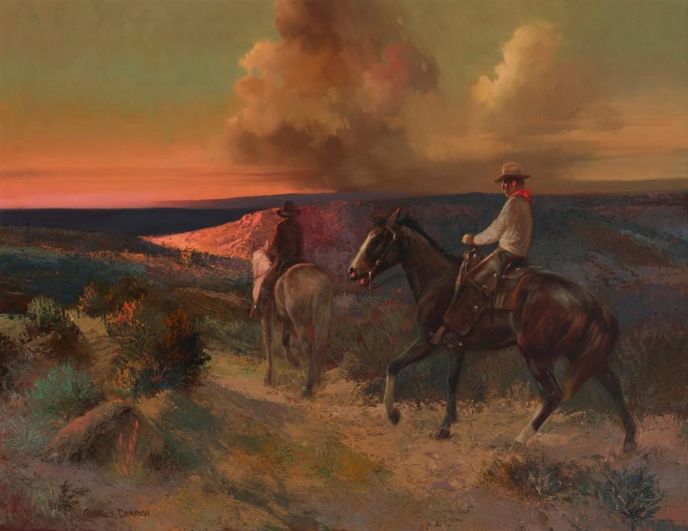charles damrow 1916 1989 cowboys on horseback watching the sunset · John Moran Auctioneers · 2026-06-30 Charles Damrow comparable auction result: charles damrow 1916 1989 cowboys on horseback watching the sunset