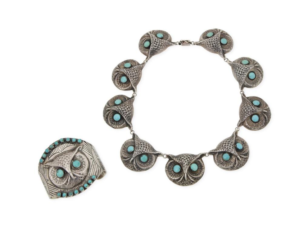 Federico Jimenez comparable auction result: a group of federico jimenez sterling silver and turquoise owl jewelry