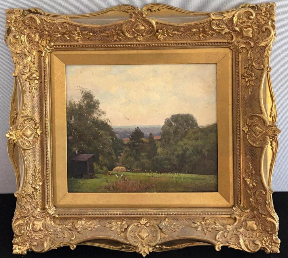Frederick William Jackson comparable auction result: frederick william jackson attributed english 1859 1918 a summer pastoral with farmstead and distant village oil on canvas 12 x 14 inches frame 22 x 28 inches