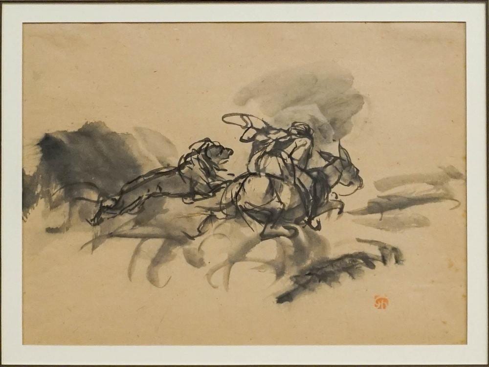 jules chadel french 1870 1942 rider on a horse watercolor and ink wash on paper with artist stamp l r frame 14 1 4 x 19 1 4 in 36 2 x 48 9 cm · Weschler's · 2026-06-16 Jules Chadel comparable auction result: jules chadel french 1870 1942 rider on a horse watercolor and ink wash on paper with artist stamp l r frame 14 1 4 x 19 1 4 in 36 2 x 48 9 cm