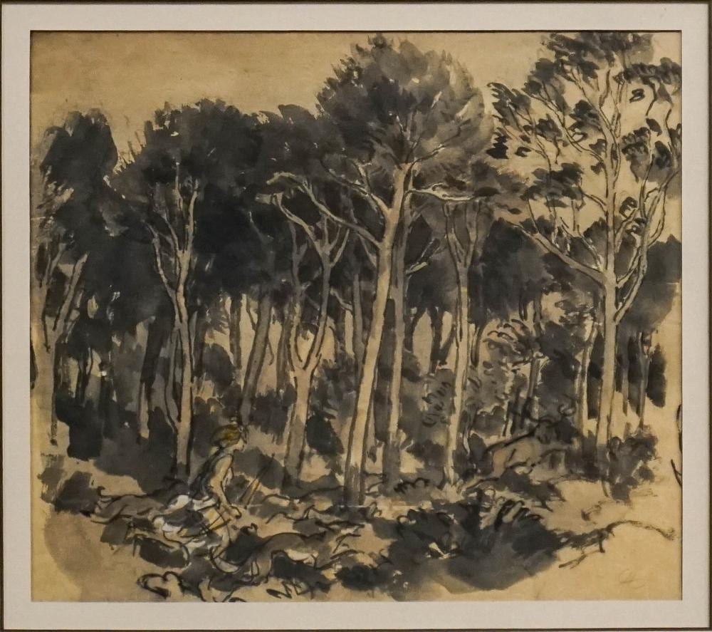 jules chadel french 1870 1942 huntress in a forest watercolor gouache and ink wash on paper monogrammed l r frame 17 1 2 x 19 in 44 5 x 48 3 cm · Weschler's · 2026-06-16 Jules Chadel comparable auction result: jules chadel french 1870 1942 huntress in a forest watercolor gouache and ink wash on paper monogrammed l r frame 17 1 2 x 19 in 44 5 x 48 3 cm