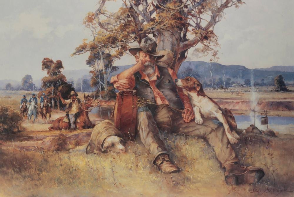 D'Arcy W. Doyle comparable auction result: d arcy w doyle 1932 2001 camped by a billabong colour lithograph signed in pencil lower right d arcy doyle 74 x 95cm overall
