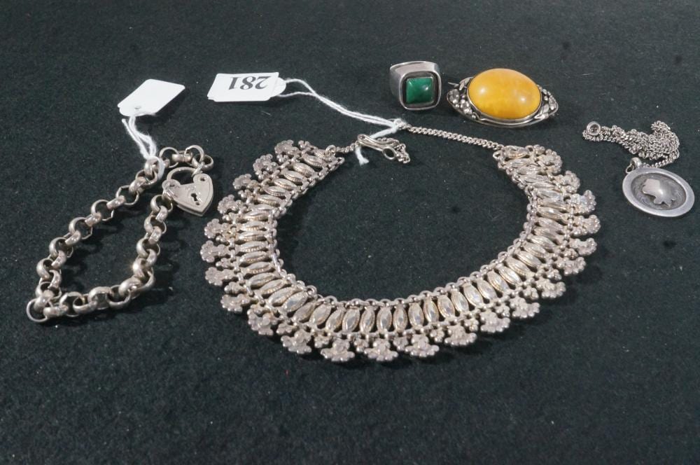 Gyokusho Kawabata comparable auction result: s silver green stone ring padlock bracelet pendant on chain brooch 52 gms eastern necklace 54 gms