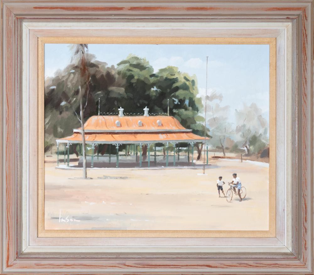 Graeme Inson comparable auction result: graeme inson 1923 2000 bandstand oil on board 49 x 59cm frame size 73 x 83cm